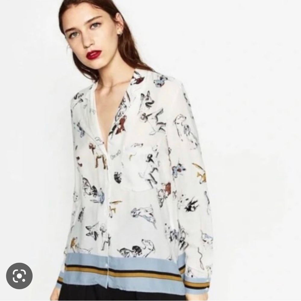 ZARA long sleeve collared button down blouse top in dog print